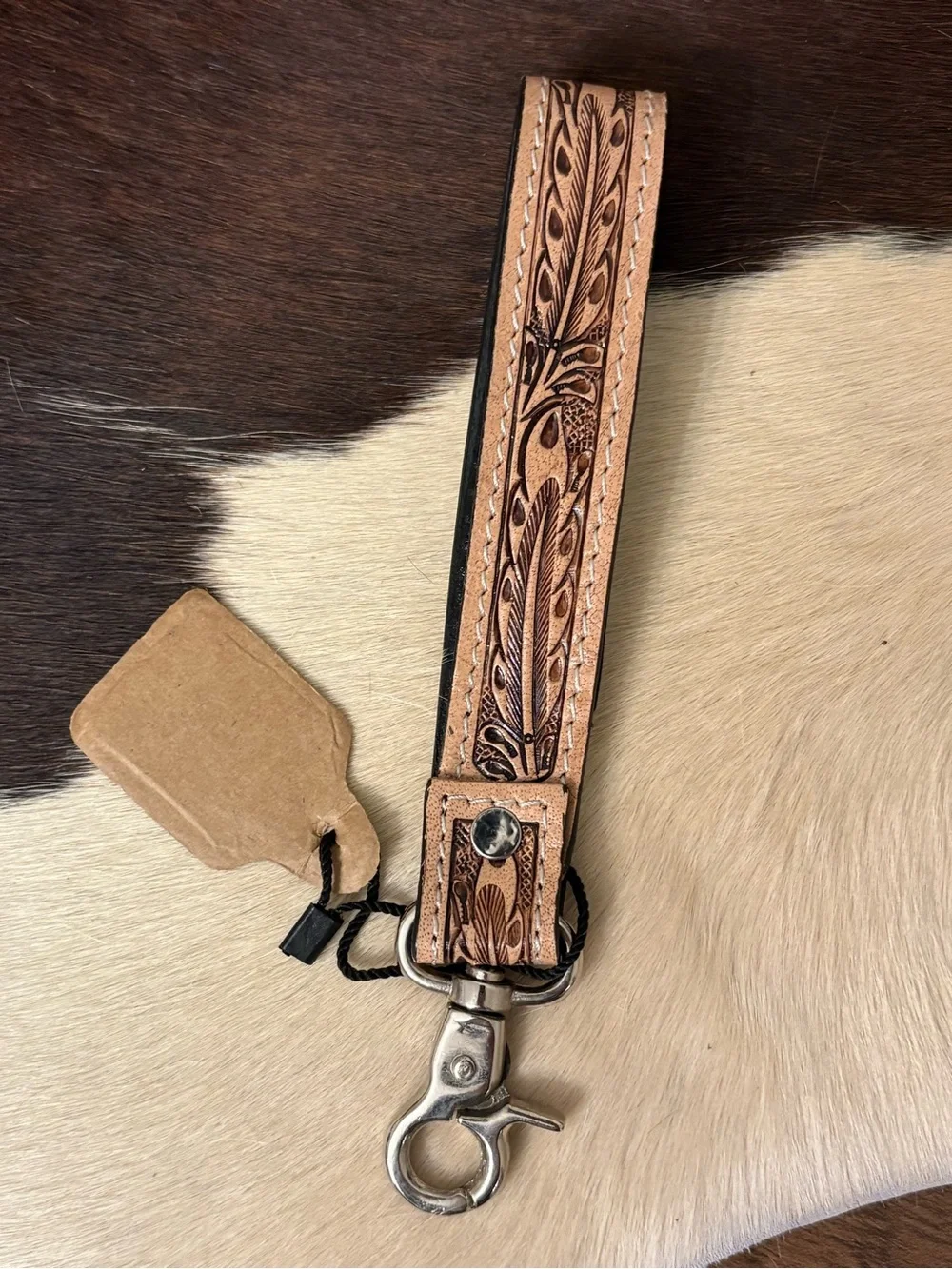 Men's Beaded Leather Key Fob Wristlet - Tan with Multicolor Beads